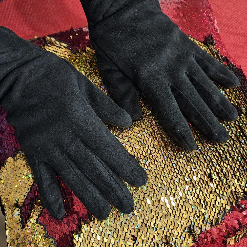 Black suede feel dressy finger gloves gathered bow at the wrist band detail